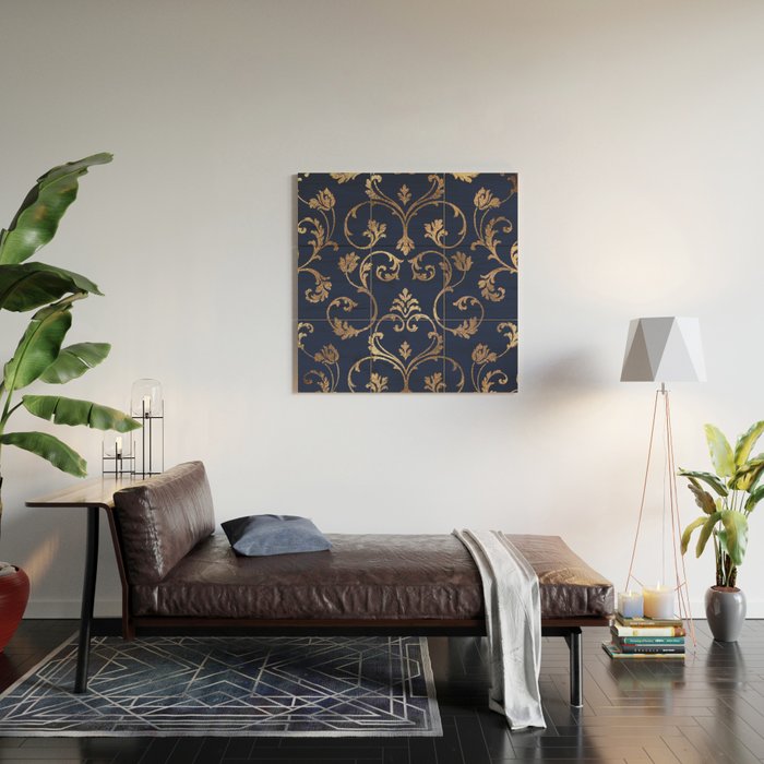 Elegant navy blue gold glitter floral damask Wood Wall Art Gallery Image 2