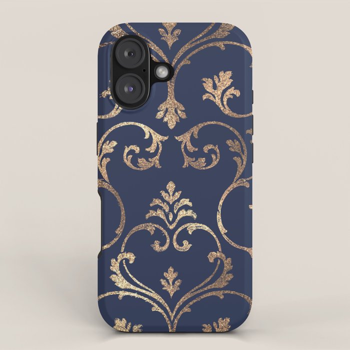 Elegant navy blue gold glitter floral damask iPhone Case Gallery Image 1
