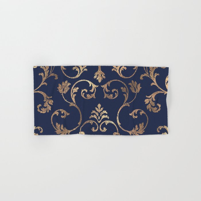 Elegant navy blue gold glitter floral damask Bath Towel Gallery Image 1