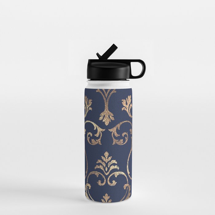 Elegant navy blue gold glitter floral damask Water Bottle Gallery Image 1