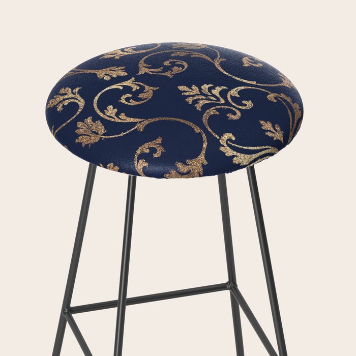 Elegant navy blue gold glitter floral damask Stool Gallery Image 2