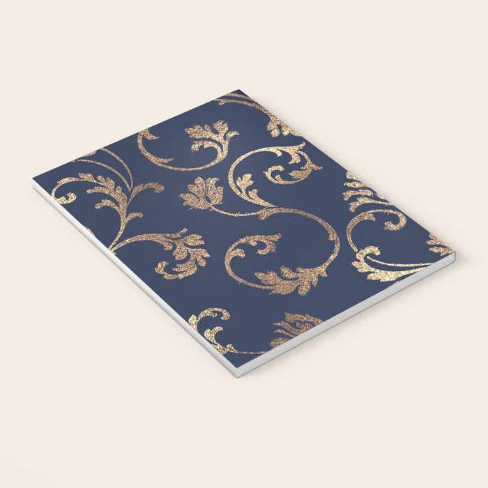 Elegant navy blue gold glitter floral damask Notebook Gallery Image 3
