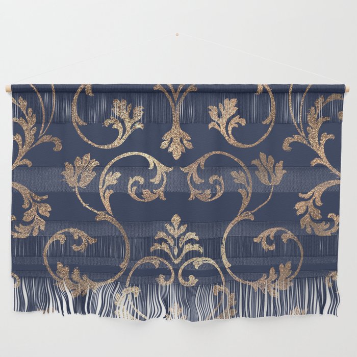 Elegant navy blue gold glitter floral damask Wall Hanging Gallery Image 1
