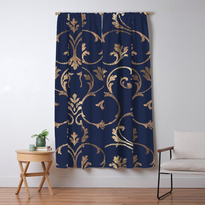 Elegant navy blue gold glitter floral damask Window Curtain Gallery Image 1
