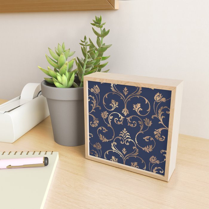 Elegant navy blue gold glitter floral damask Mini Art Print Gallery Image 2