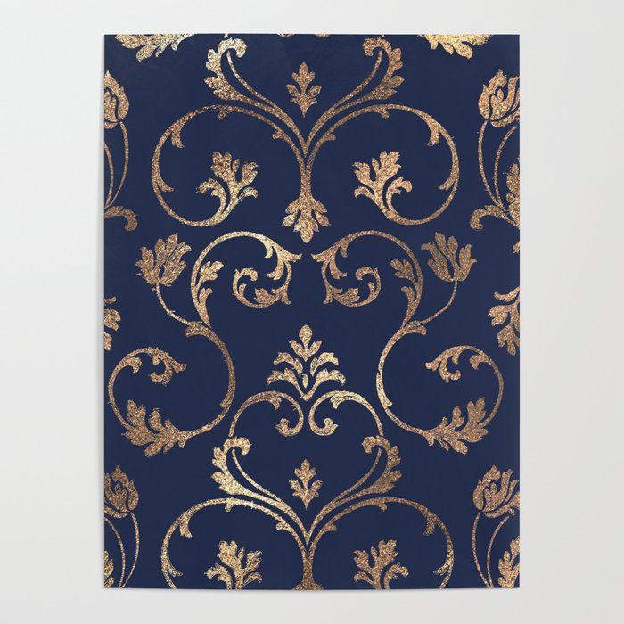 Elegant navy blue gold glitter floral damask Poster Gallery Image 4