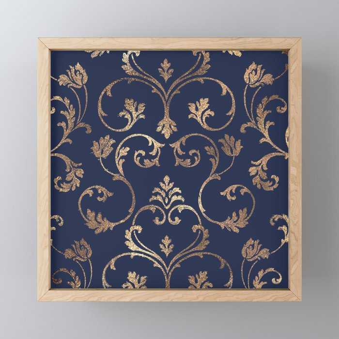 Elegant navy blue gold glitter floral damask Mini Art Print Gallery Image 1