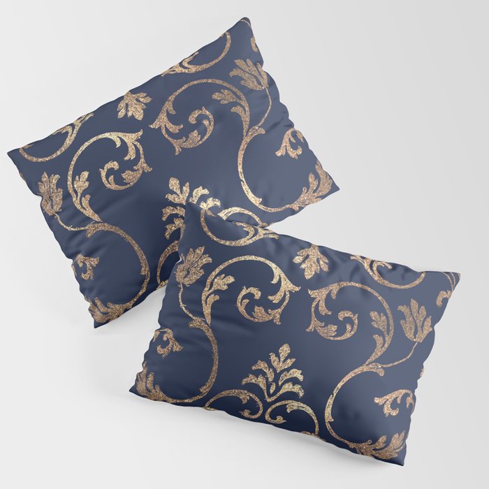 Elegant navy blue gold glitter floral damask Pillow Sham Gallery Image 1