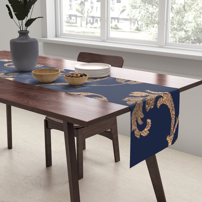 Elegant navy blue gold glitter floral damask Table Runner Gallery Image 2