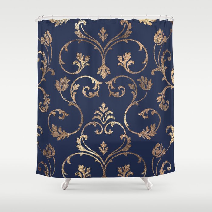 Elegant navy blue gold glitter floral damask Shower Curtain Gallery Image 1