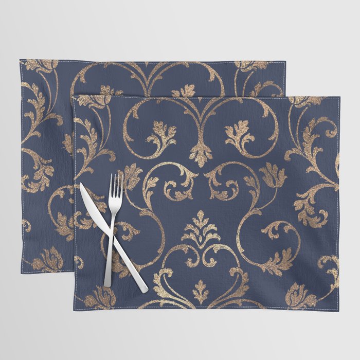 Elegant navy blue gold glitter floral damask Placemat Gallery Image 1