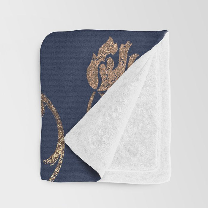 Elegant navy blue gold glitter floral damask Throw Blanket Gallery Image 3