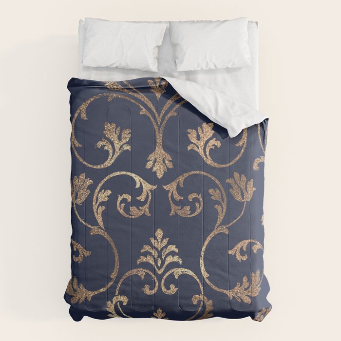 Elegant navy blue gold glitter floral damask Comforter Gallery Image 6