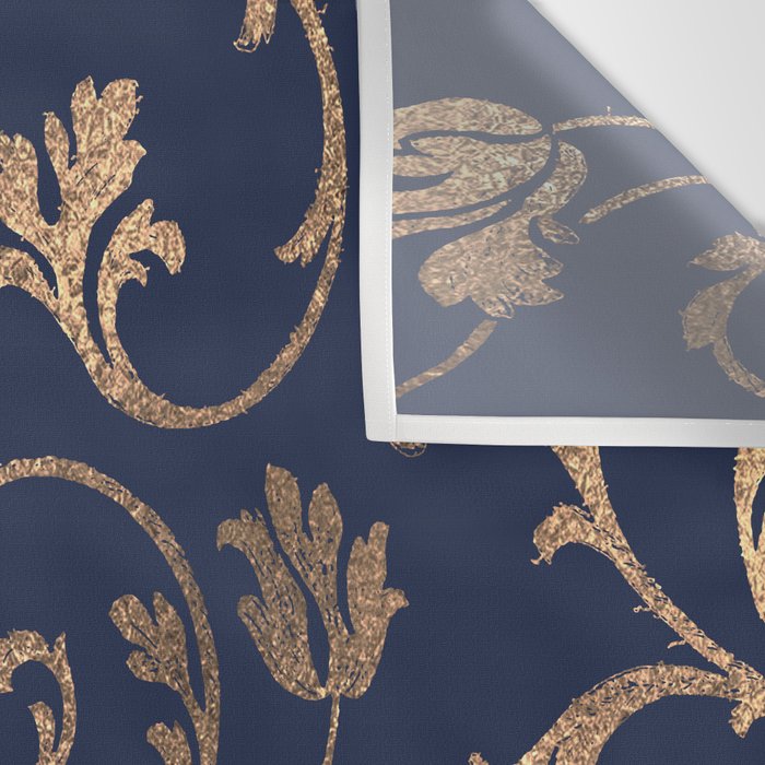 Elegant navy blue gold glitter floral damask Wall Tapestry Gallery Image 3