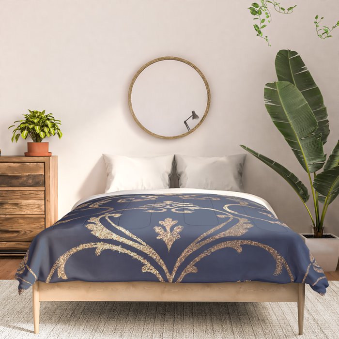 Elegant navy blue gold glitter floral damask Comforter Gallery Image 3