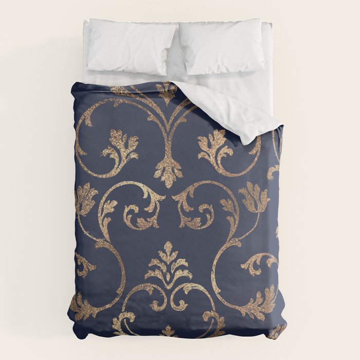 Elegant navy blue gold glitter floral damask Duvet Cover Gallery Image 6