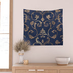 Elegant navy blue gold glitter floral damask Wall Tapestry Gallery Image 2