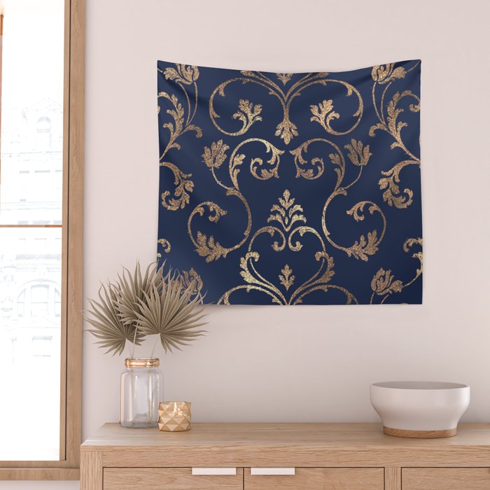 Elegant navy blue gold glitter floral damask Wall Tapestry Gallery Image 2