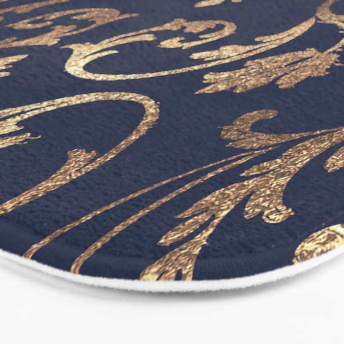 Elegant navy blue gold glitter floral damask Bath Mat Gallery Image 3