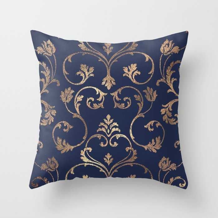 Elegant navy blue gold glitter floral damask Throw Pillow Gallery Image 1