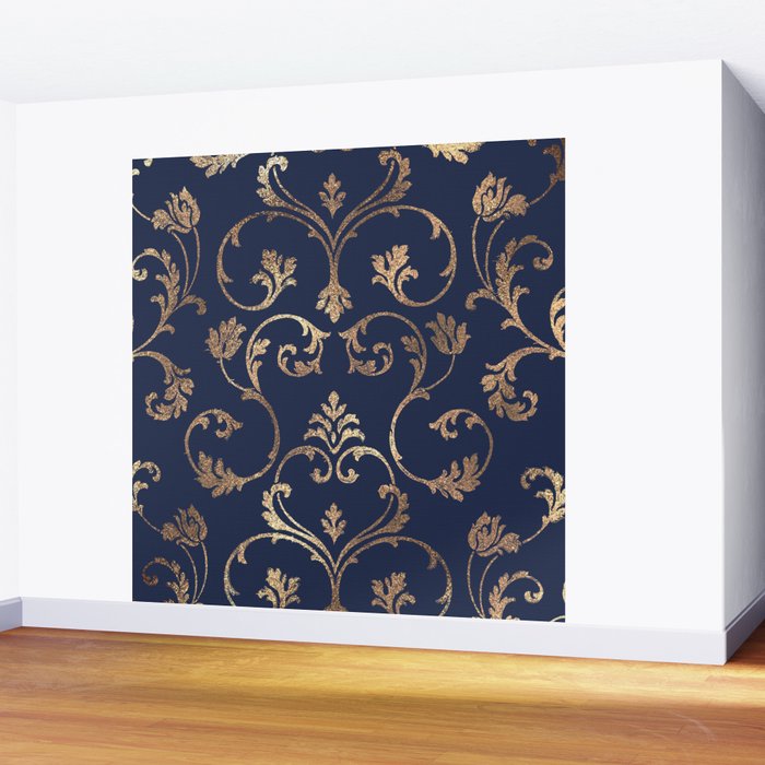 Elegant navy blue gold glitter floral damask Wall Mural Gallery Image 2