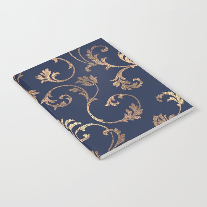 Elegant navy blue gold glitter floral damask Notebook Gallery Image 1