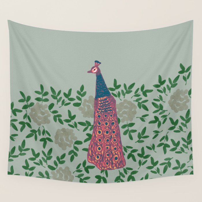 Peacock and Flower - Pink and Sage Wall Tapestry Gallery Image 4