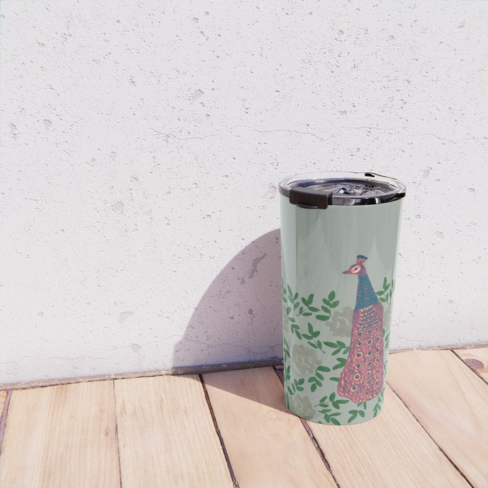 Peacock and Flower - Pink and Sage Travel Mug Gallery Image 4