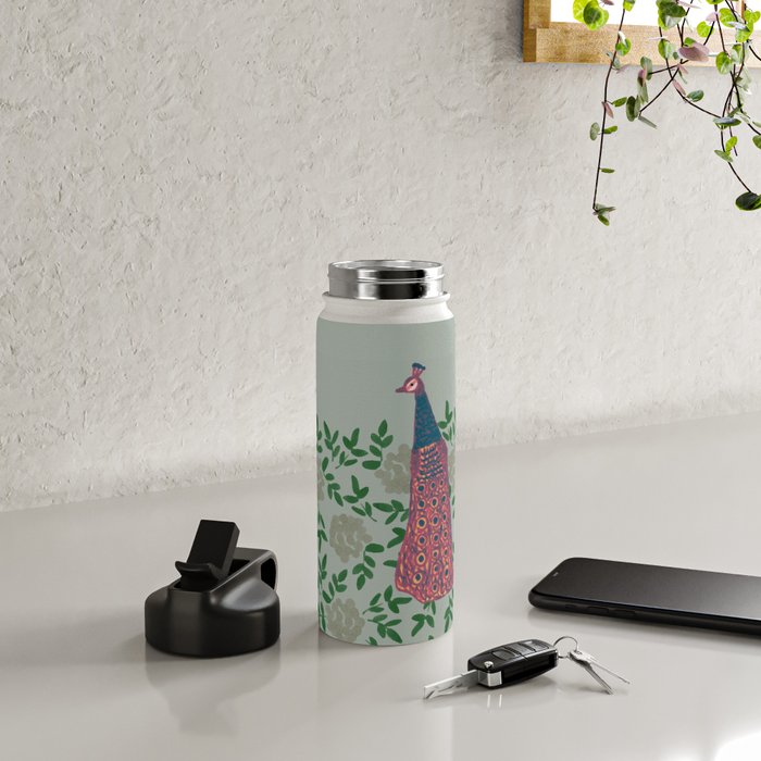 Peacock and Flower - Pink and Sage Water Bottle Gallery Image 4