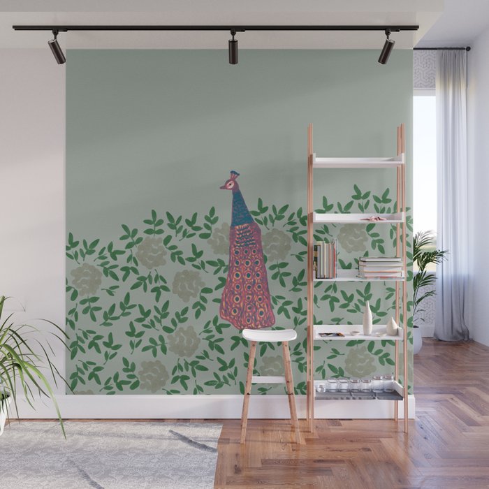 Peacock and Flower - Pink and Sage Wall Mural Gallery Image 1