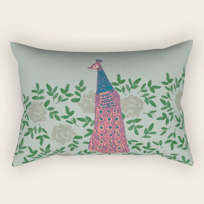 Peacock and Flower - Pink and Sage Rectangular Pillow Gallery Image 2