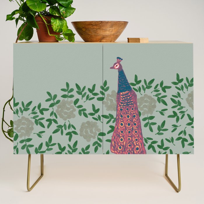 Peacock and Flower - Pink and Sage Credenza Gallery Image 1