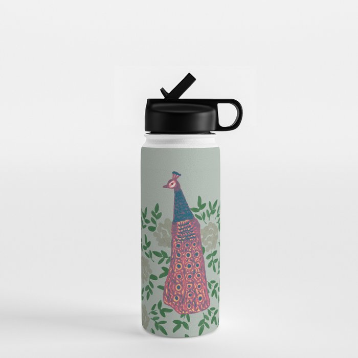 Peacock and Flower - Pink and Sage Water Bottle Gallery Image 1