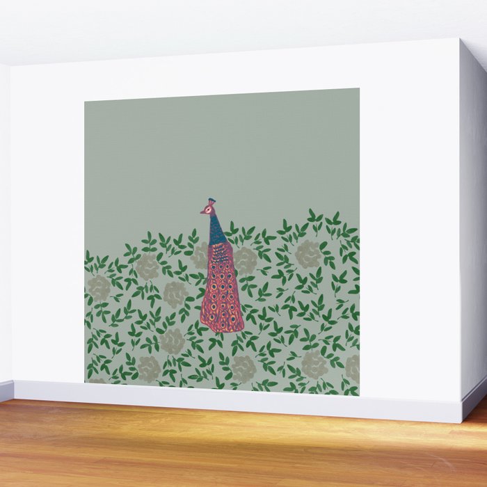 Peacock and Flower - Pink and Sage Wall Mural Gallery Image 2