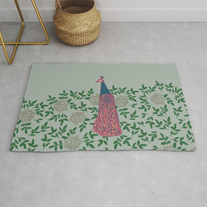 Peacock and Flower - Pink and Sage Rug Gallery Image 1