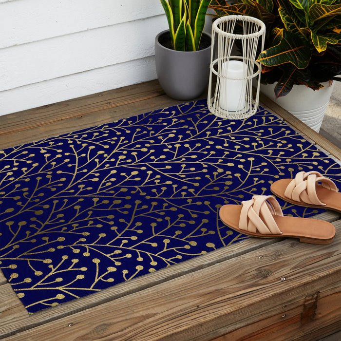 Gold Berry Branches on Navy Outdoor Rug Gallery Image 2