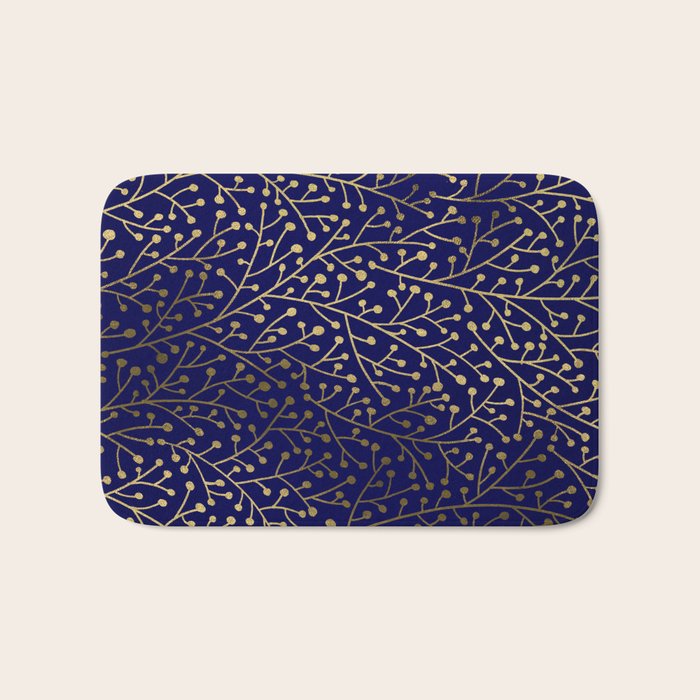 Gold Berry Branches on Navy Bath Mat Gallery Image 1