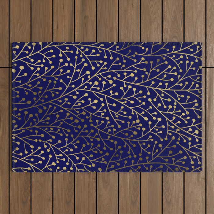 Gold Berry Branches on Navy Outdoor Rug Gallery Image 1