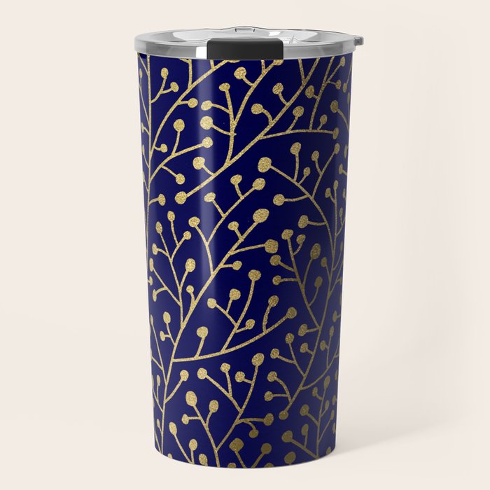 Gold Berry Branches on Navy Travel Mug Gallery Image 1