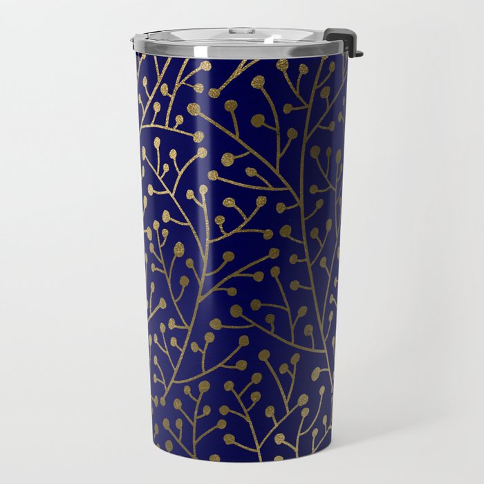 Gold Berry Branches on Navy Travel Mug Gallery Image 2