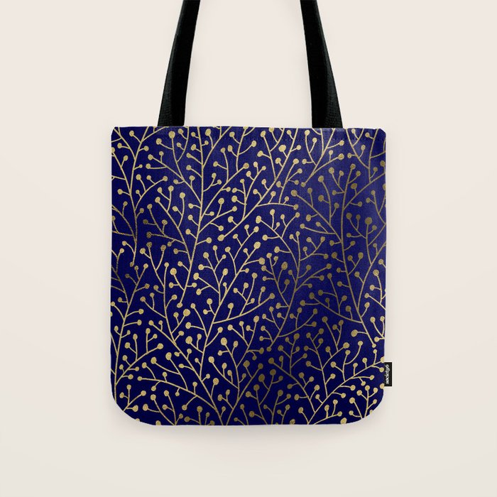 Gold Berry Branches on Navy Tote Bag Gallery Image 1