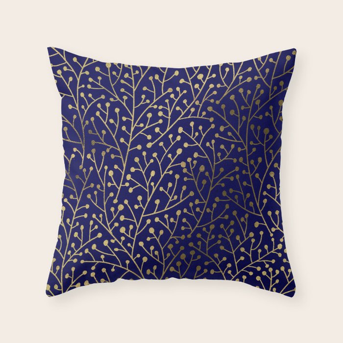Gold Berry Branches on Navy Throw Pillow Gallery Image 1