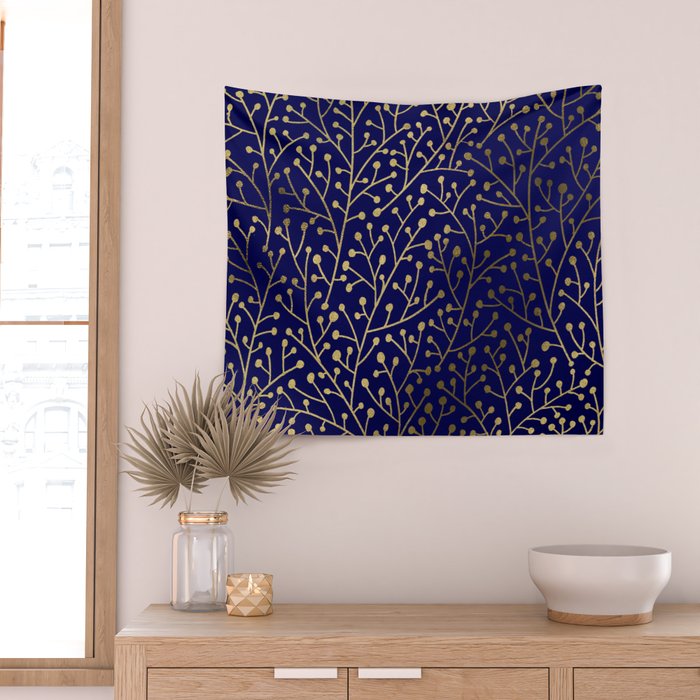 Gold Berry Branches on Navy Wall Tapestry Gallery Image 2