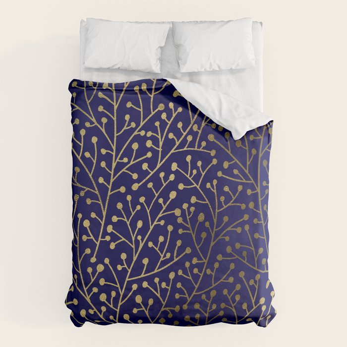Gold Berry Branches on Navy Duvet Cover Gallery Image 1