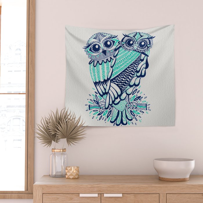 Owls - Turquoise & Navy Wall Tapestry Gallery Image 2
