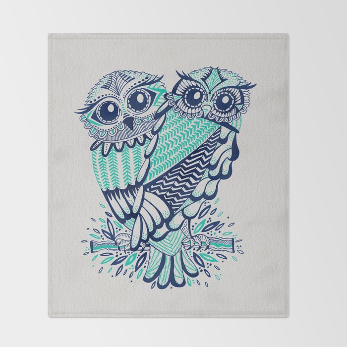 Owls - Turquoise & Navy Throw Blanket Gallery Image 2