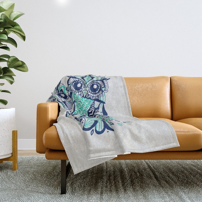 Owls - Turquoise & Navy Throw Blanket Gallery Image 1