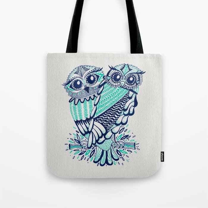 Owls - Turquoise & Navy Tote Bag Gallery Image 1