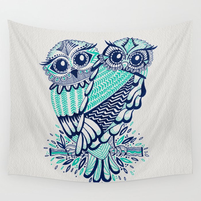 Owls - Turquoise & Navy Wall Tapestry Gallery Image 4