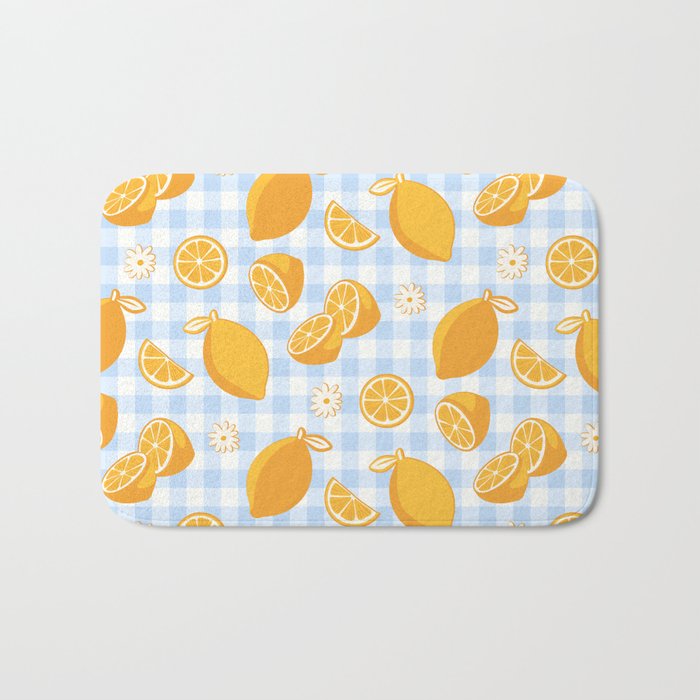Lemons on Pastel Blue Gingham Bath Mat Gallery Image 1